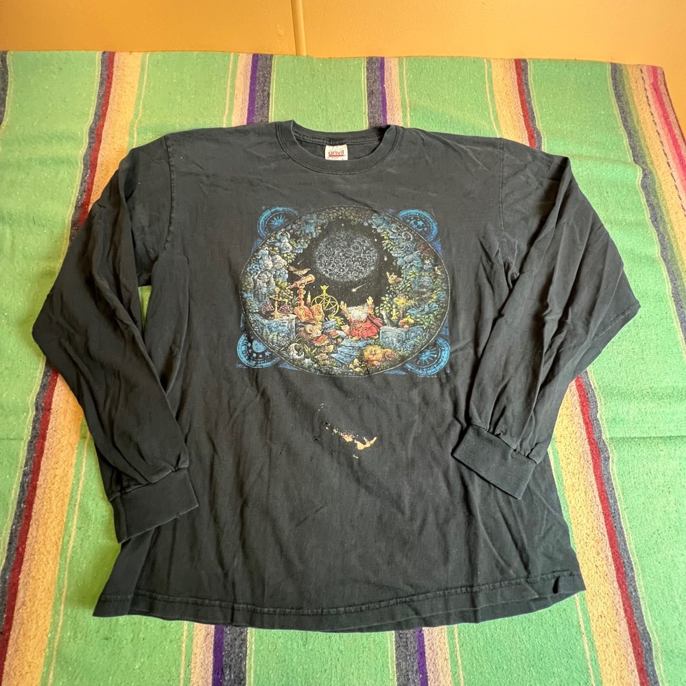 Anvil Wizard Graphic Tee Mens L Black Long Sleeve Vintage Celestial Distressed